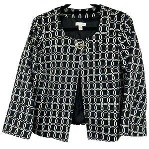 Charter‎ Club Blazer Jacket L Black White Cotton Spandex Gold Office Work Lined